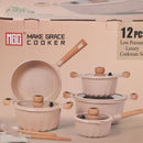 Ollas, Sartén, Utensilios Antiadherente  ceramico Eco- Friendly con Mango de Madera. Set de 12 Piezas, Color Beige. Batería de Cocina. 100% libre de teflon