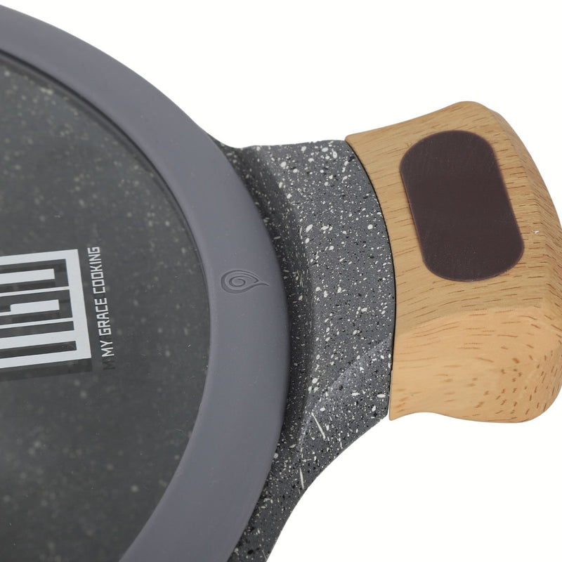 Ollas, Sartén, Utensilios Antiadherente granito Eco-Friendly con Mango de Madera Set de 12 Piezas, Color Gris. Batería de Cocina. 100% libre de teflon