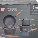 Ollas, Sartén, Utensilios Antiadherente granito Eco-Friendly con Mango de Madera Set de 12 Piezas, Color Gris. Batería de Cocina. 100% libre de teflon