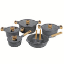 Ollas, Sartén, Utensilios Antiadherente granito Eco-Friendly con Mango de Madera Set de 12 Piezas, Color Gris. Batería de Cocina. 100% libre de teflon