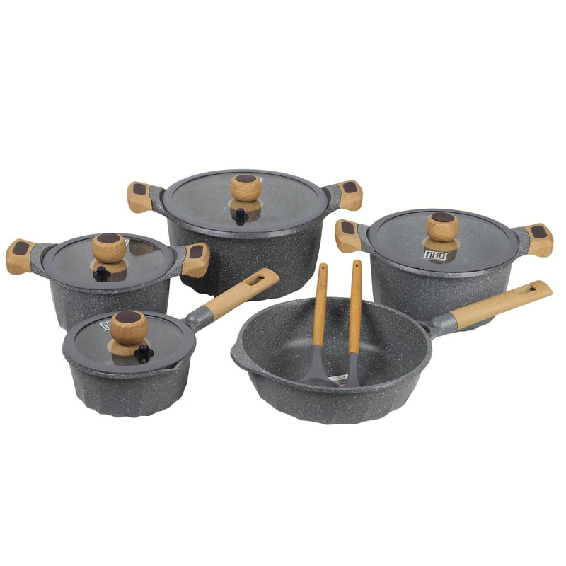 Ollas, Sartén, Utensilios Antiadherente granito Eco-Friendly con Mango de Madera Set de 12 Piezas, Color Gris. Batería de Cocina. 100% libre de teflon