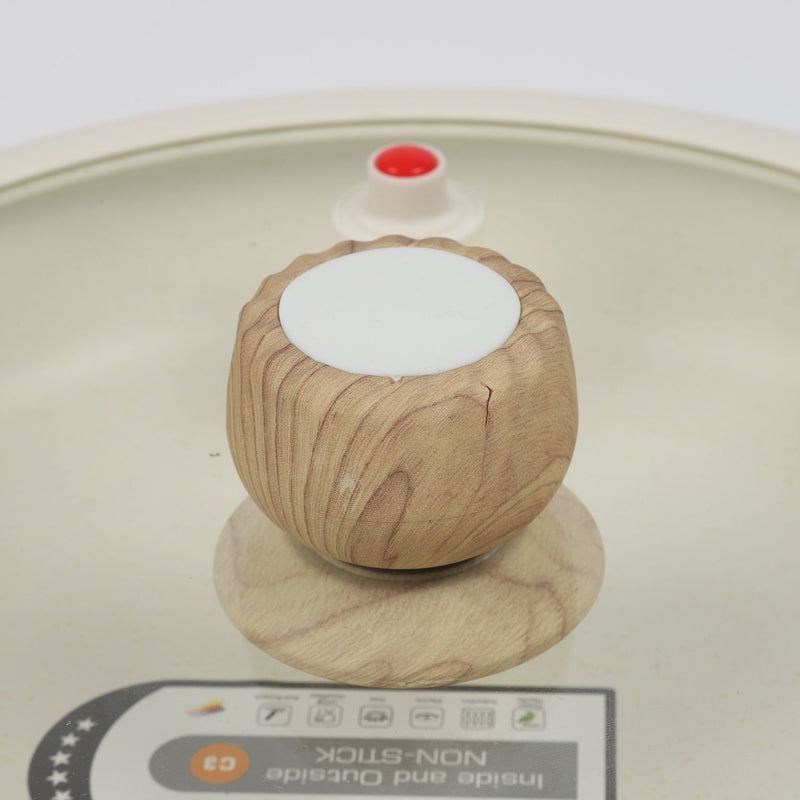 Sartén Antiadherente ceramico con Tapa de Vidrio 28cm Color Blanco con  mango de madera, 100% libre de teflon