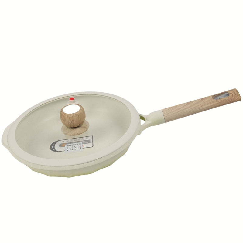 Sartén Antiadherente ceramico con Tapa de Vidrio 28cm Color Blanco con  mango de madera, 100% libre de teflon