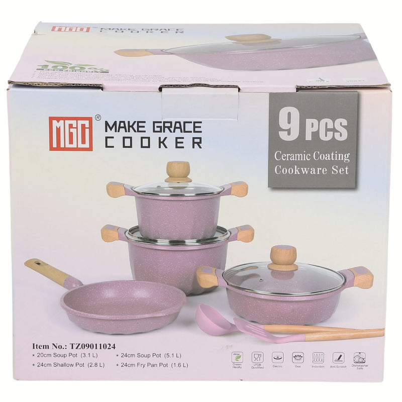Ollas y Sartén Antiadherente 9 Piezas Color Morado 100% libre de teflon con mango de madera y revestimiento Cerámico.