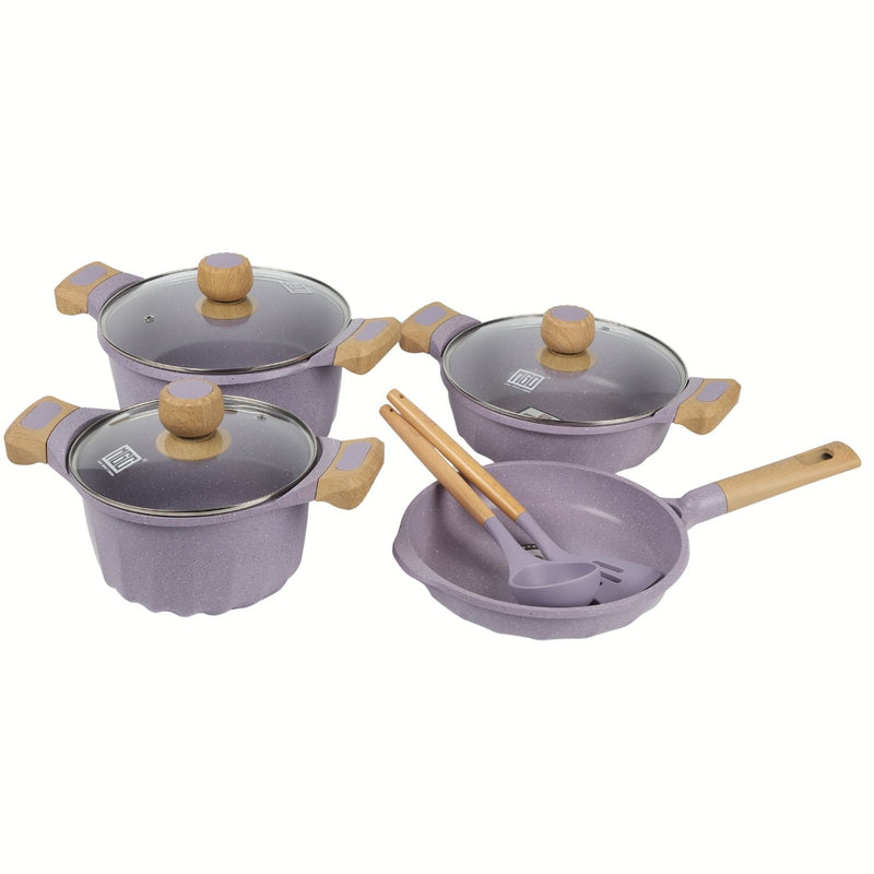 Ollas y Sartén Antiadherente 9 Piezas Color Morado 100% libre de teflon con mango de madera y revestimiento Cerámico.