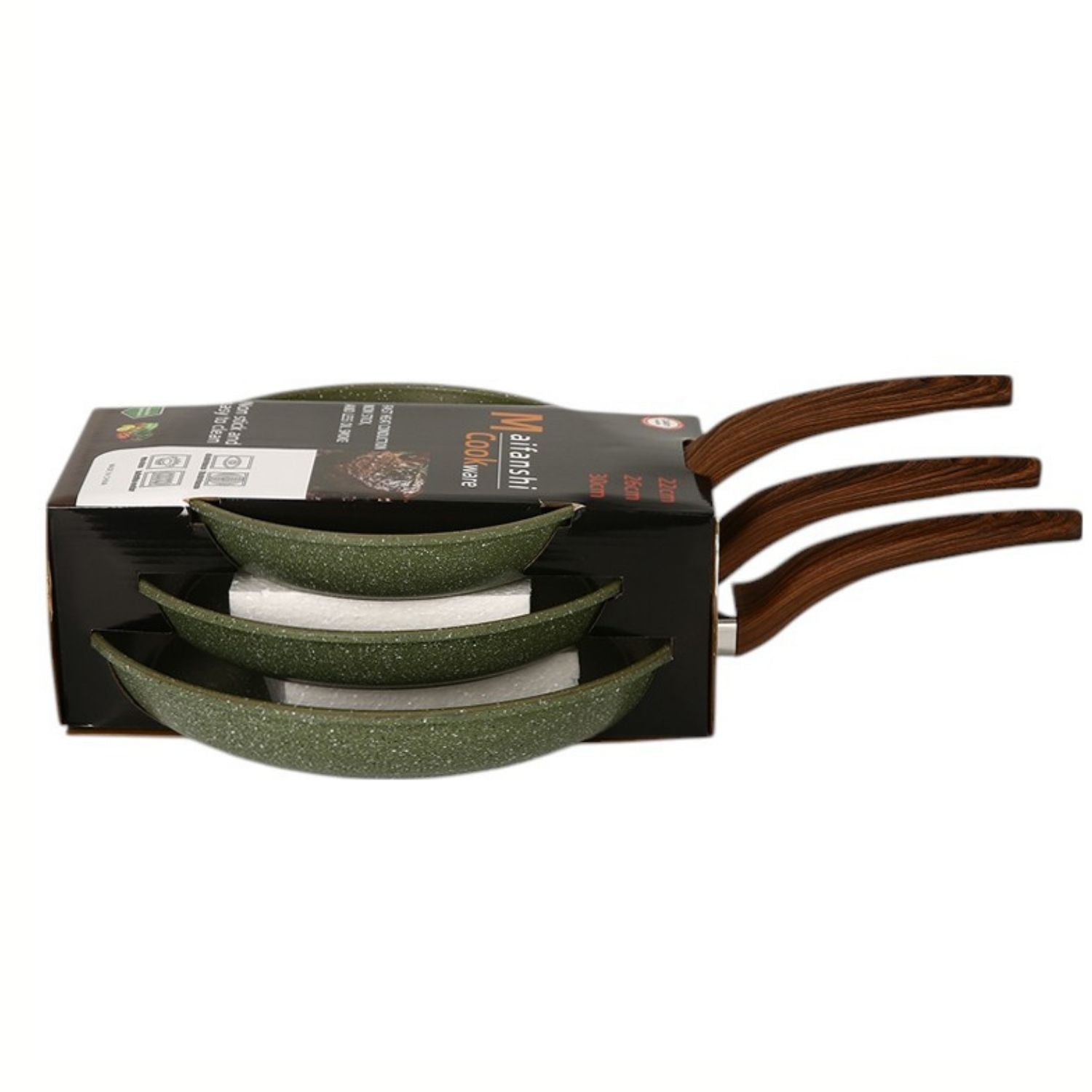 Sartenes Antiadherentes granito Color Verde con Mango Imitación de Madera Tamaños: 20, 24,28cm 100% libre de teflon