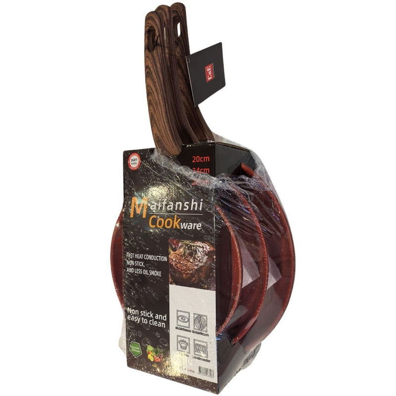 Sartenes Antiadherentes100% libre de teflon Color Rojo con Mango Imitación Madera Tamaños: 20,24,28cm. Set de 3 piezas.