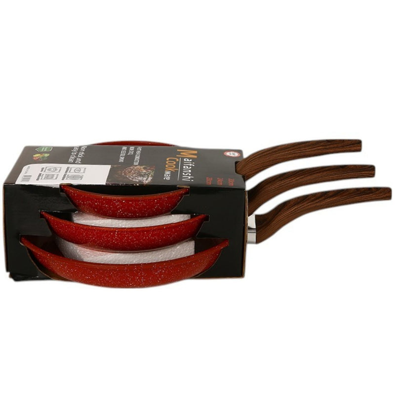 Sartenes Antiadherentes100% libre de teflon Color Rojo con Mango Imitación Madera Tamaños: 20,24,28cm. Set de 3 piezas.