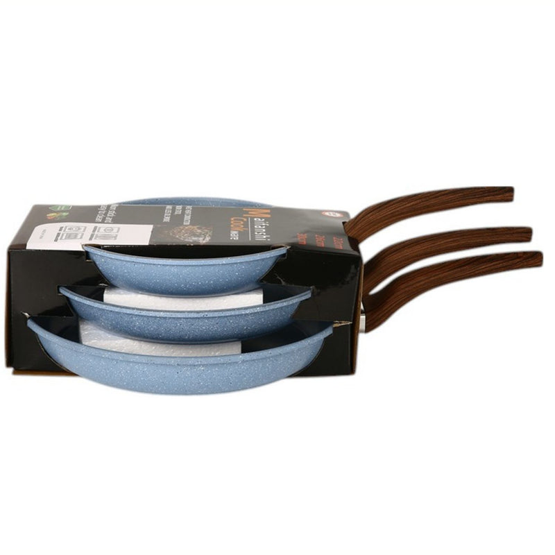 Sartenes Antiadherentes ceramicos 100% libre de teflon Color Azul Cielo, con Mango Imitación Madera Tamaños: 22,26,30cm. Set de 3 piezas.