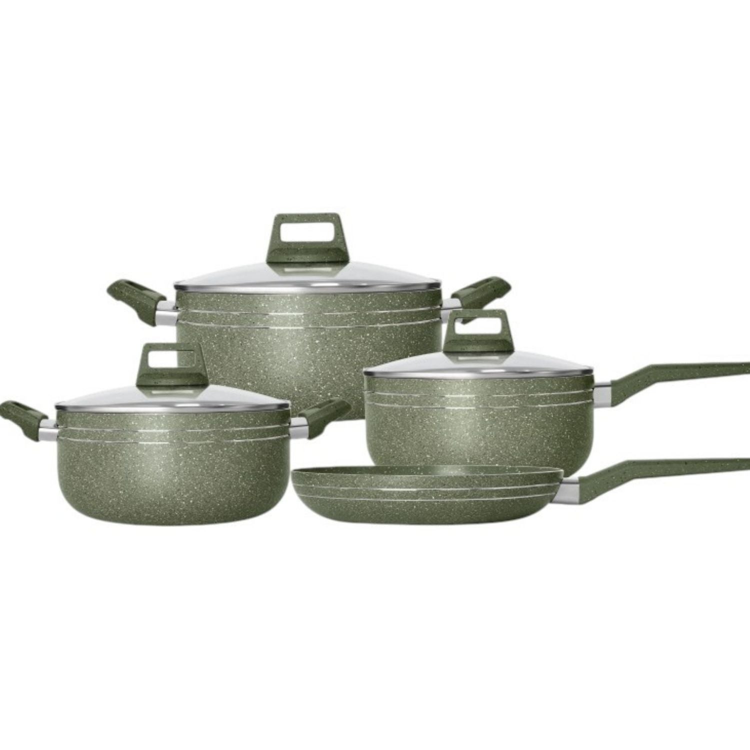 Ollas y Sartén Antiadherentes Tipo Granito Color Verde en Aluminio Revestido con Tapa de Vidrio. 100% libre de teflon. Set de 7 piezas.