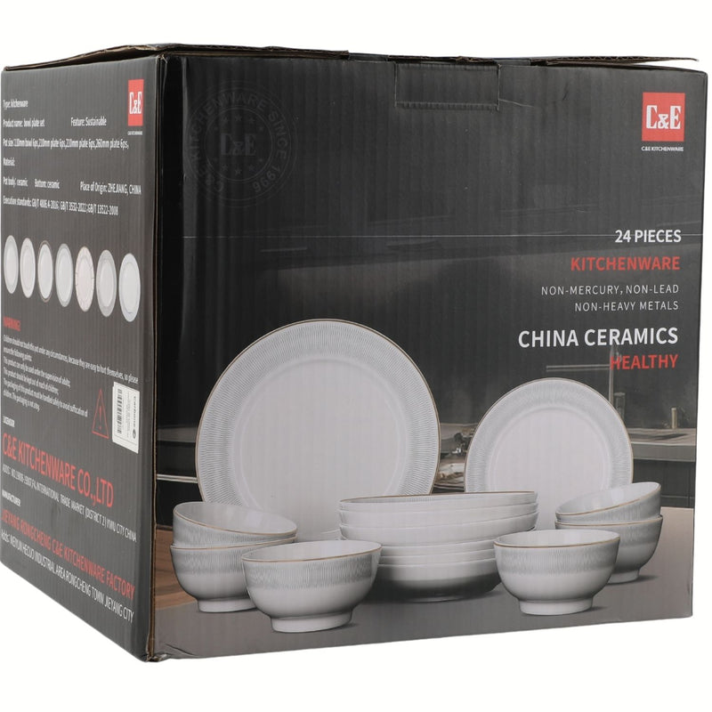 Vajilla de Cerámica con Diseño Blanco en Relieve. Set de 24 piezas. Set de Platos y Tazones.