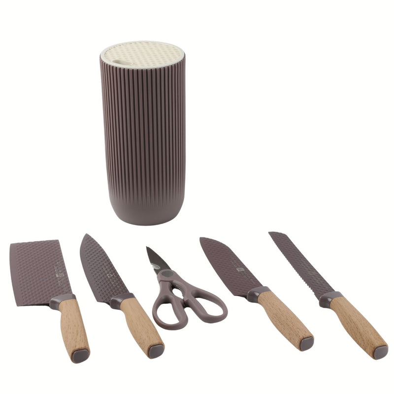 Cuchillos de Cocina  Color Morado Set de 6 Piezas con Soporte. Diseño Texturizado Antiadherente.