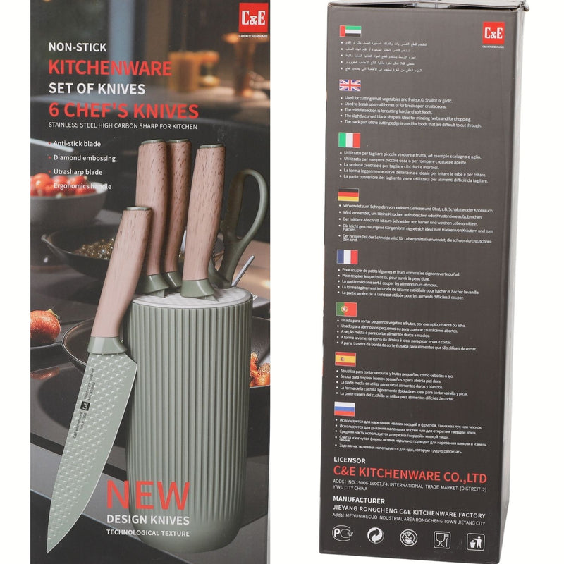 Cuchillos de Cocina  Color Verde Set de 6 Piezas con Soporte. Diseño Texturizado Antiadherente.