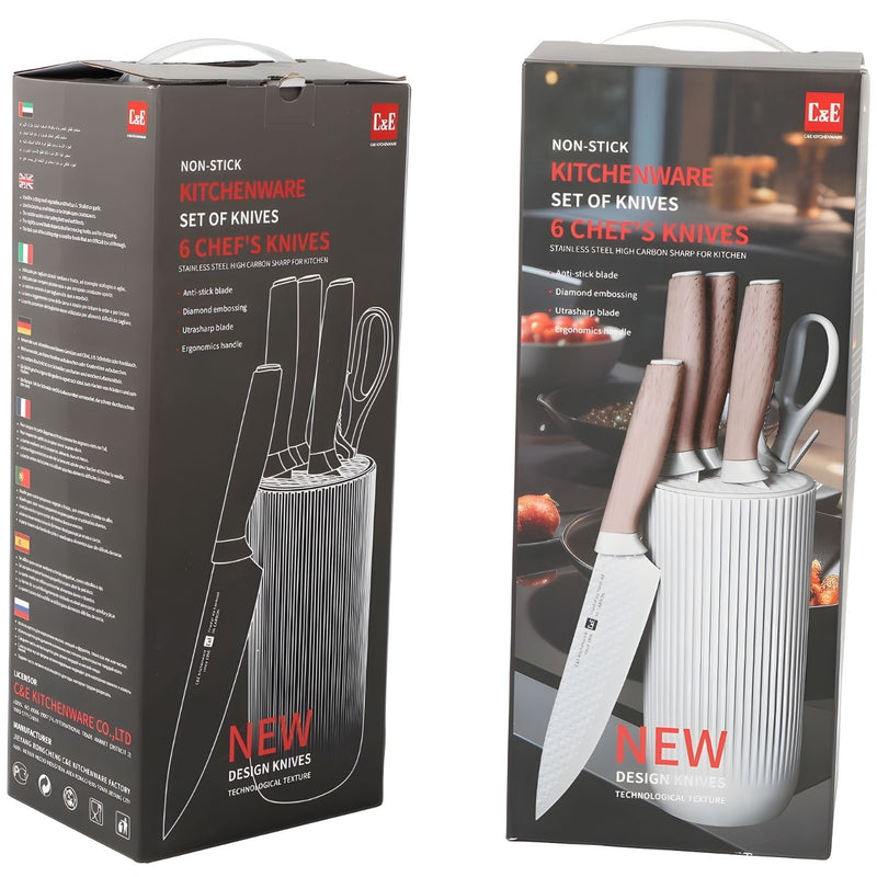 Cuchillos de Cocina  Color Blanco Set de 6 Piezas con Soporte. Diseño Texturizado Antiadherente.