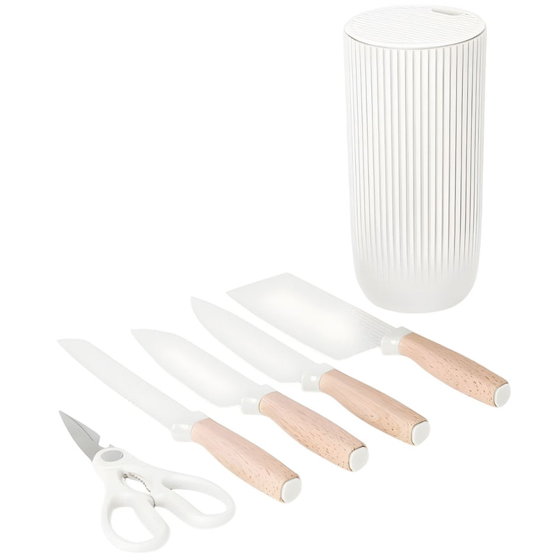 Cuchillos de Cocina  Color Blanco Set de 6 Piezas con Soporte. Diseño Texturizado Antiadherente.