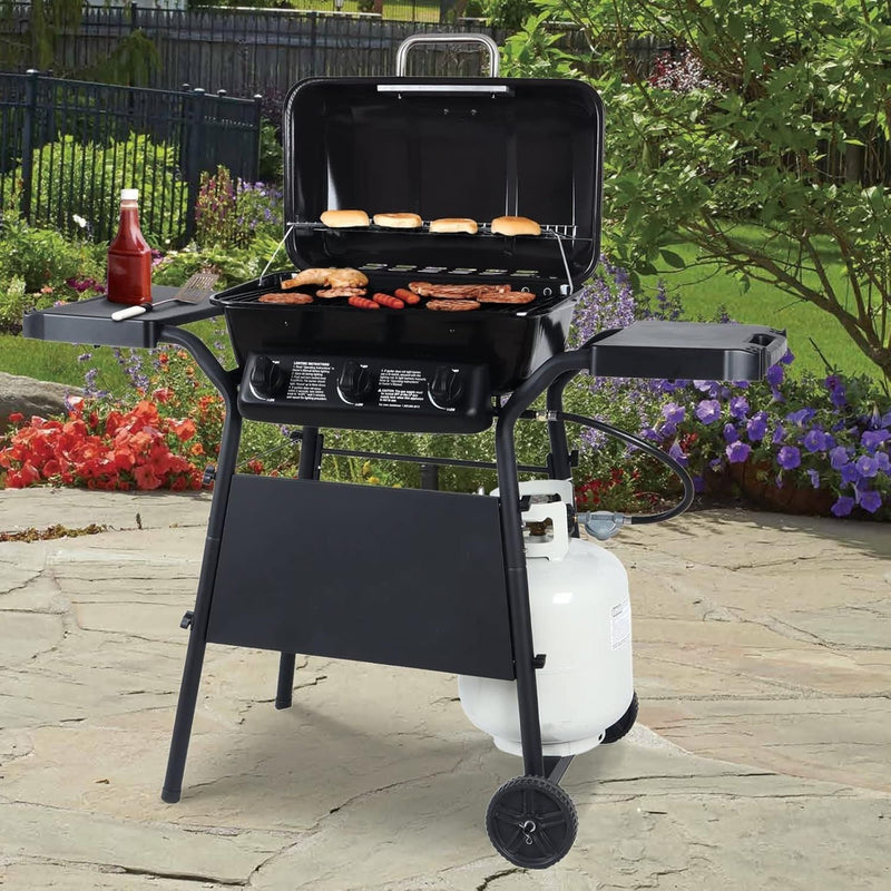 Parrillera BBQ a Gas con 3 Quemadores y Estantes Laterales. Encendido Rápido Acero inoxidable. Medidas: 71x46x43cm