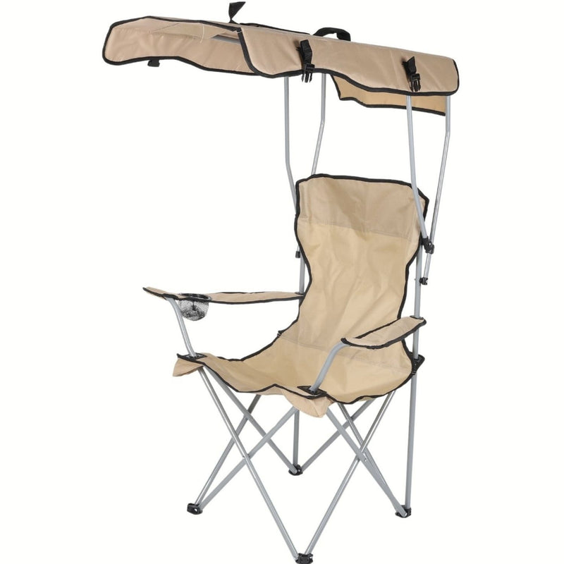 Silla Plegable Color Beige de 52x52x127cm con Portavasos y Techo Tela Oxford y Soportes de Acero. Ideal para camping, playera y jardín.