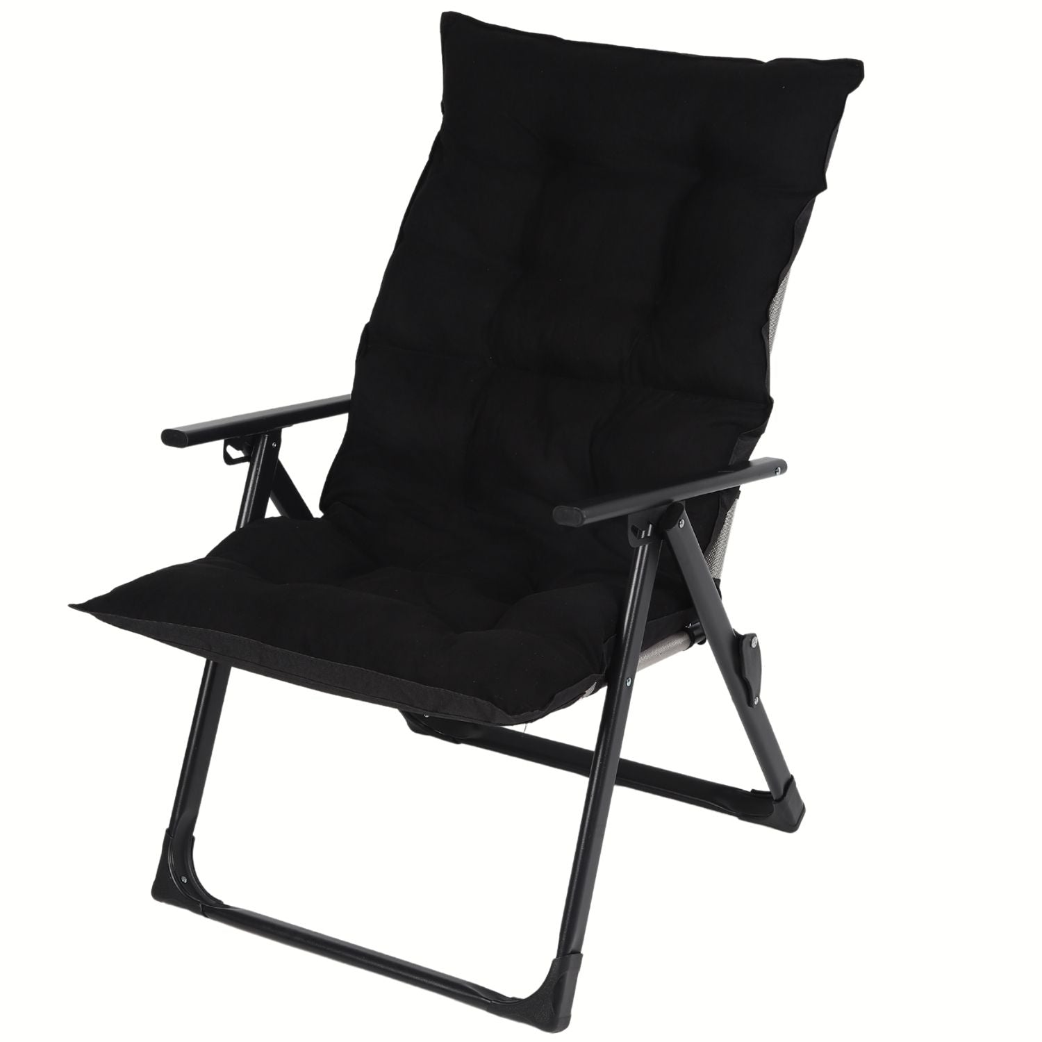 Silla Reclinable Acolchada de Tela Teslin con Reposabrazos con Estructura de Acero 60x100x50 cm Color Negro. Ideal para playa, camping, excursión, picnic.