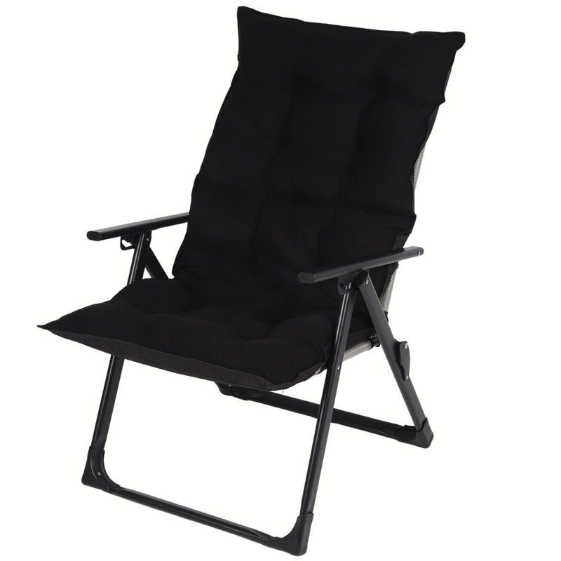 Silla Reclinable Acolchada de Tela Teslin con Reposabrazos con Estructura de Acero 60x100x50 cm Color Negro. Ideal para playa, camping, excursión, picnic.