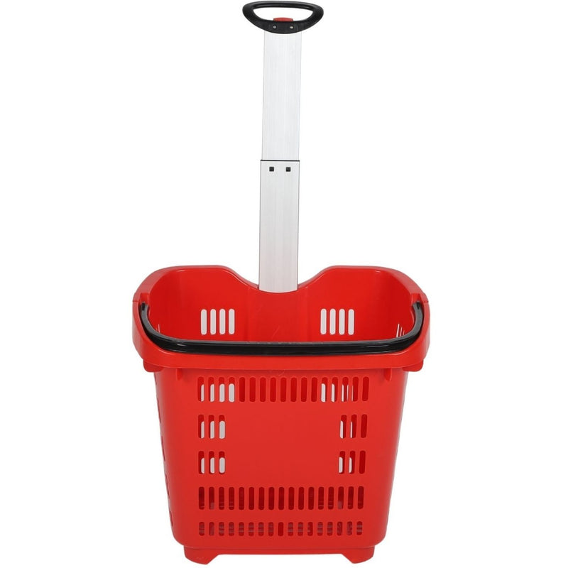 Carrito de Compras Plástico 45L con Asa Extensible y Ruedas. Cesta Roja con Rueditas para Supermercado