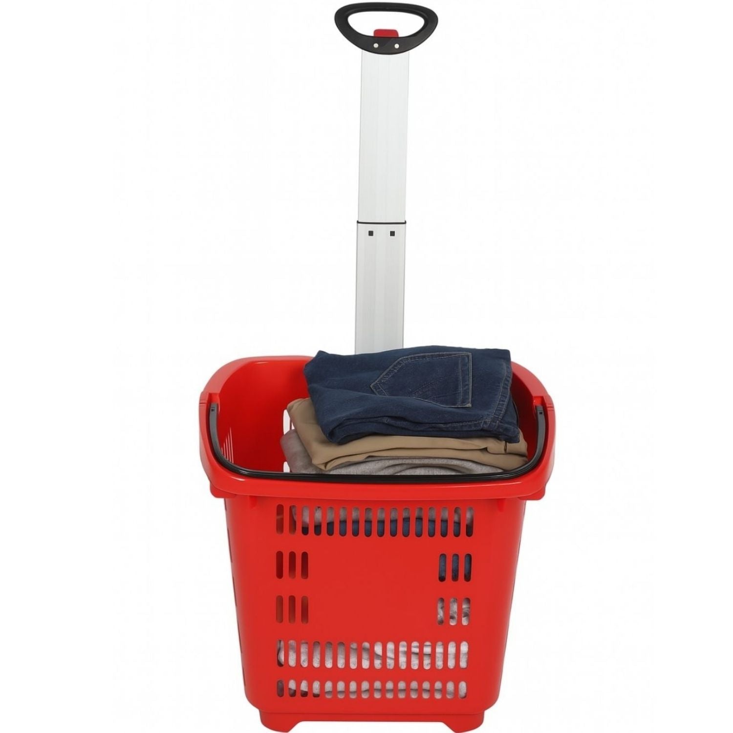 Carrito de Compras Plástico 45L con Asa Extensible y Ruedas. Cesta Roja con Rueditas para Supermercado