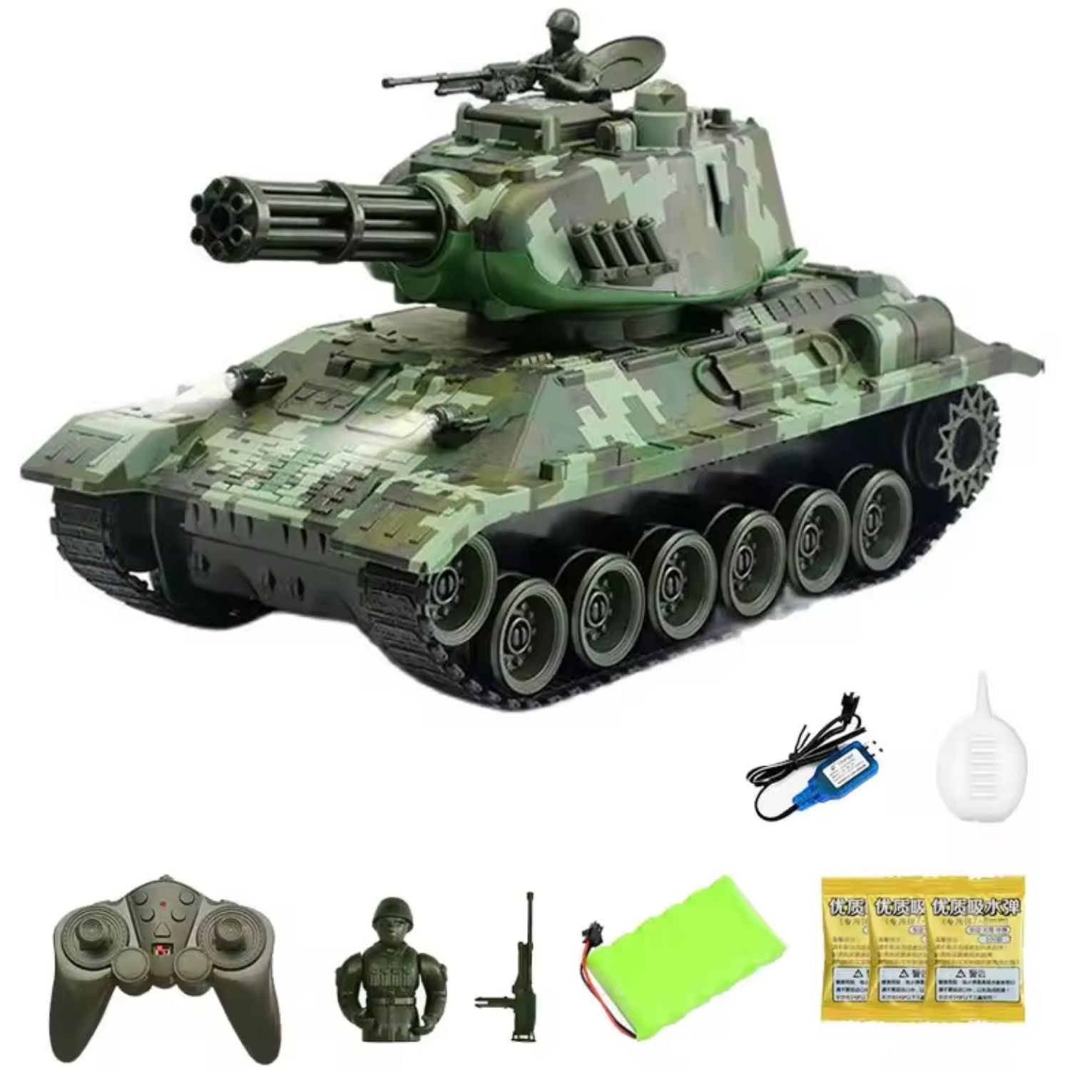 Tanque de Guerra de Camuflaje Militar a Control Remoto con Luz, Sonido y Bombas de Agua 47cm Juguete para Niños