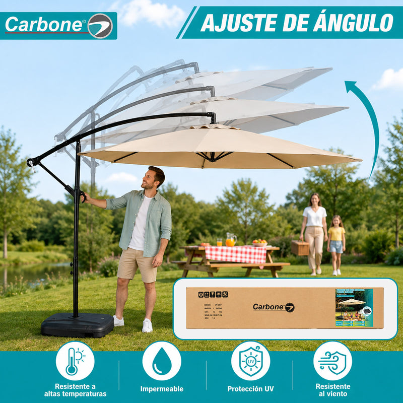 Sombrilla de Patio 2.7 M Parasol con Brazo Lateral Ajustable y Base agua Reforzada para Exteriores. Color Beige Paraguas para jardín UPF50+. Color beige.