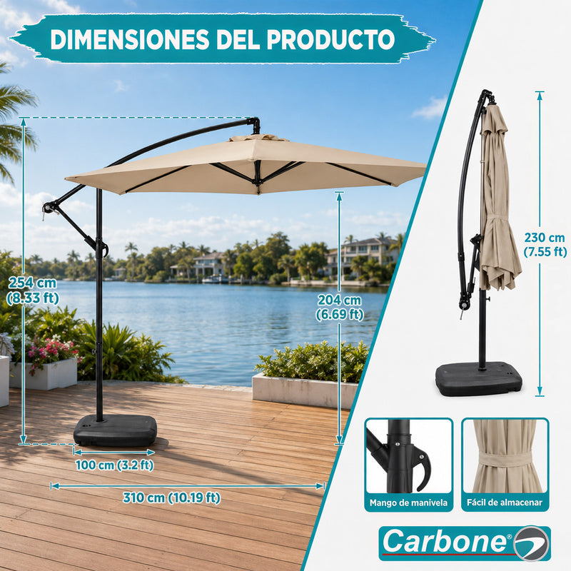 Sombrilla de Patio 2.7 M Parasol con Brazo Lateral Ajustable y Base agua Reforzada para Exteriores. Color Beige Paraguas para jardín UPF50+. Color beige.