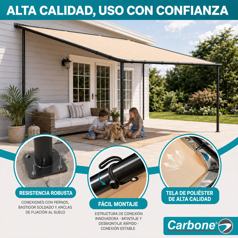 Tolda Inclinada de 3.56 x 2.96 m.  Techo Cobertizo con Estructura de Hierro Desmontable, Techo Impermeable y Protección UV 30+.