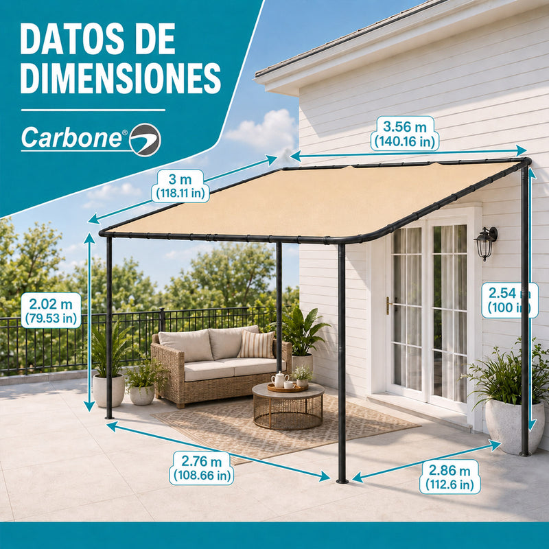 Tolda Inclinada de 3.56 x 2.96 m.  Techo Cobertizo con Estructura de Hierro Desmontable, Techo Impermeable y Protección UV 30+.