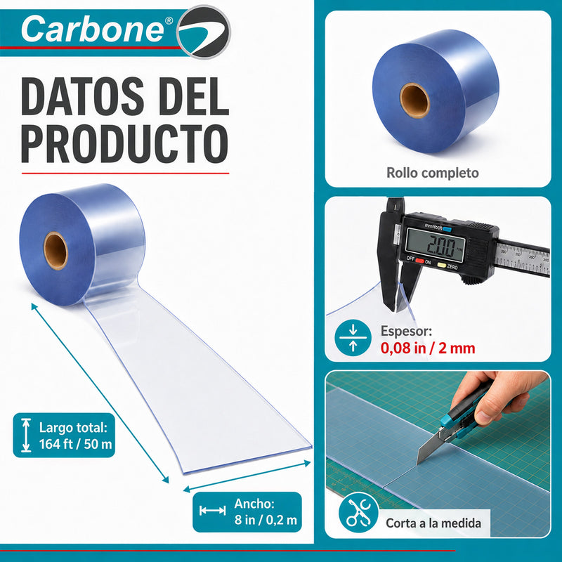 Cortina lamas tiras PVC Transparente  (20cm x 50mts) en Rollo de 164 Ft  Para Bodegas, Talleres y Divisiones