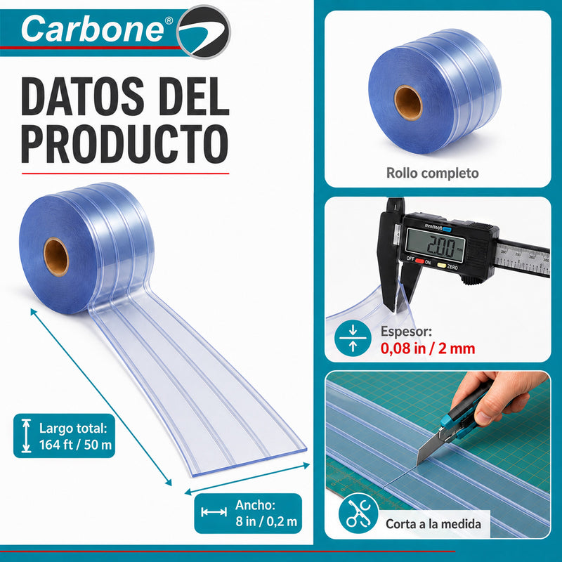 Cortina tiras lamas PVC Transparente con Estriase  (20cm x 50mts) en Rollo de 164 Ft  Para Bodegas, Talleres y Divisiones