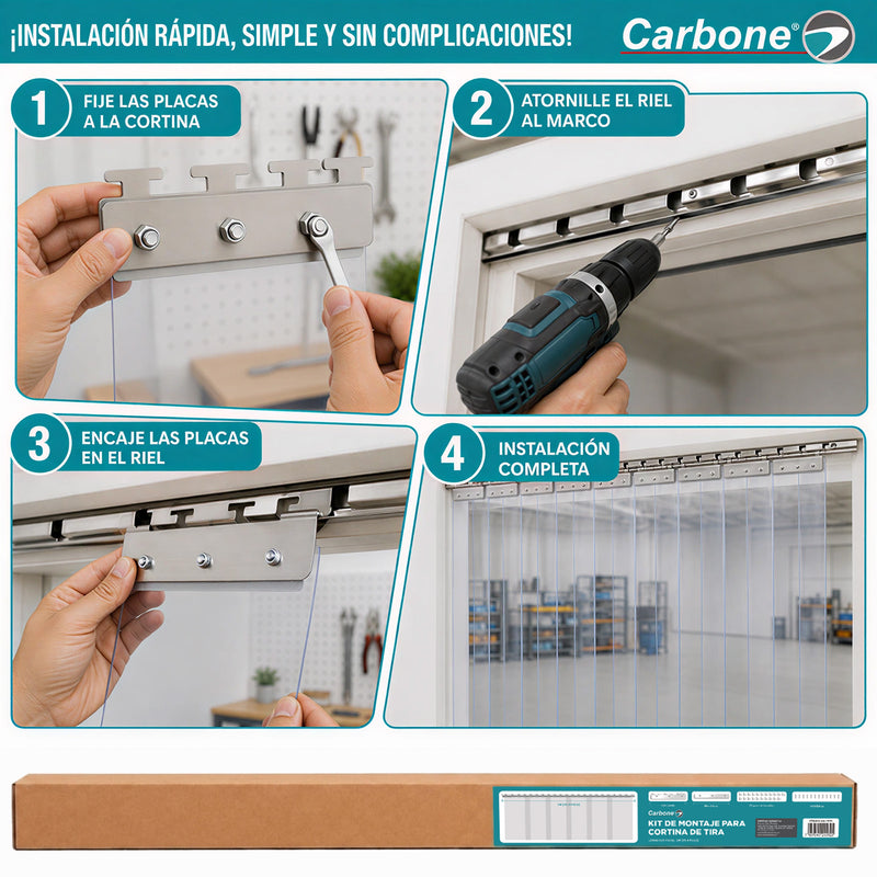 Kit de Montaje para Cortina PVC de Tiras con Riel de 1 mt y Accesorios de Instalación. Compatible con UN-C170 y UN-C171