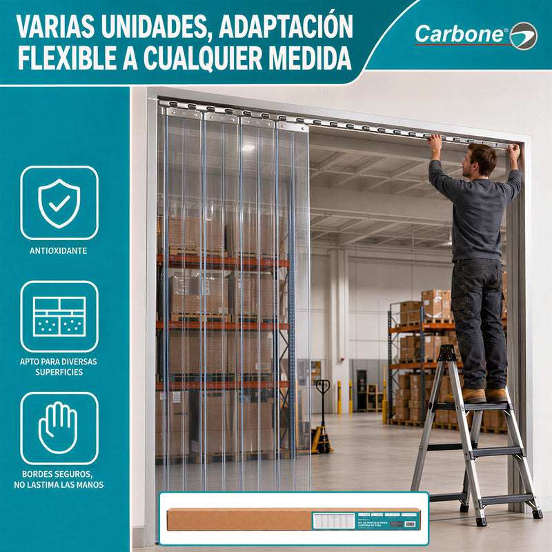 Kit de Montaje para Cortina PVC de Tiras con Riel de 1 mt y Accesorios de Instalación. Compatible con UN-C170 y UN-C171