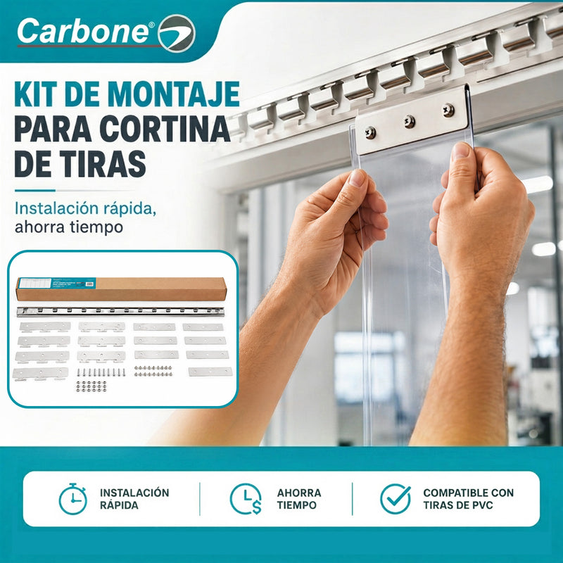 Kit de Montaje para Cortina PVC de Tiras con Riel de 1 mt y Accesorios de Instalación. Compatible con UN-C170 y UN-C171