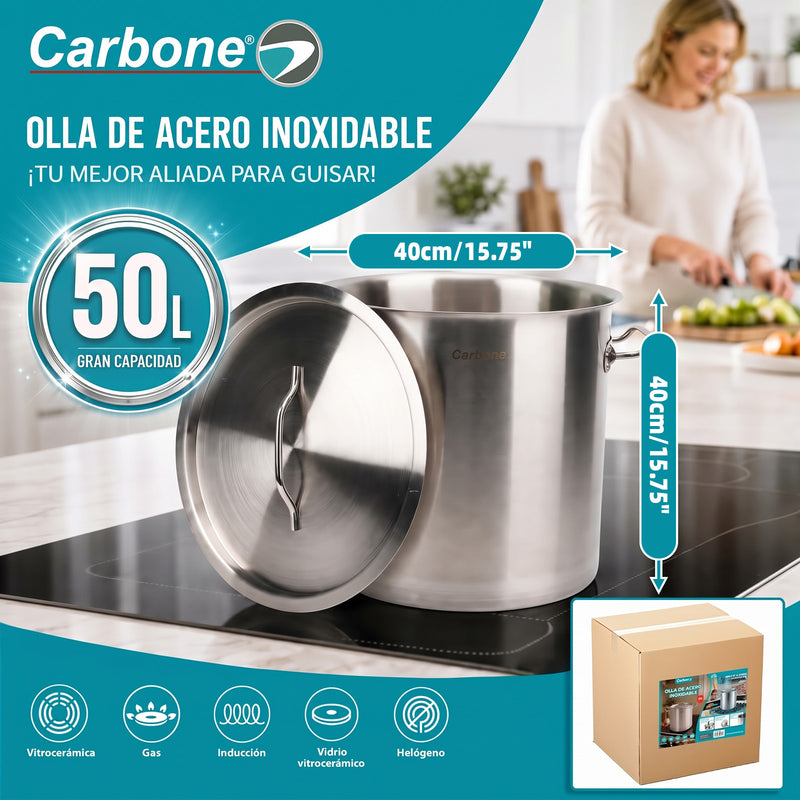 Olla de Acero Inoxidable 36L de 40cm con Tapa. Cacerola Paila Multiusos con base de 3 capas. Compatible con Todo Tipo de Estufas.