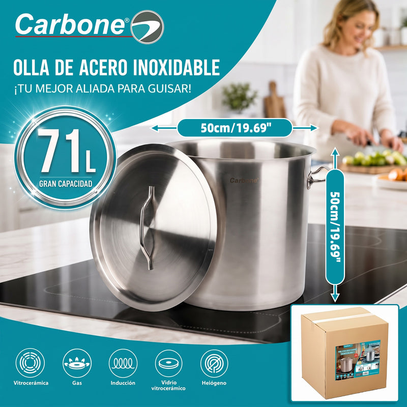 Olla de Acero Inoxidable de 50cm con Tapa (71 litros). Cacerola Paila Multiusos con base de 3 capas. Compatible con Todo Tipo de Estufas.