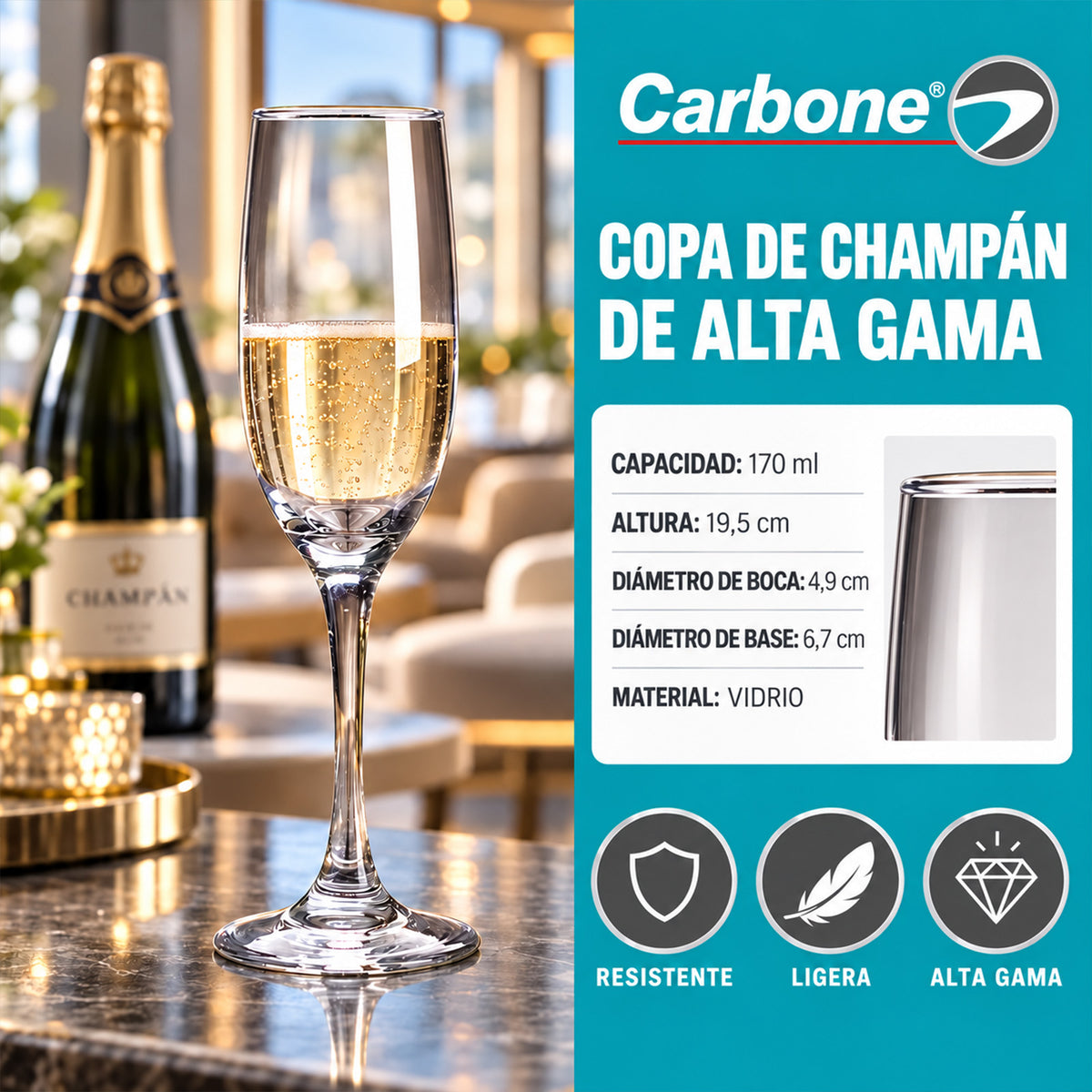 Copa de Champaña de Vidrio (170ml). Tipo Flauta con Diseño Elegante para Vinos Espumosos.