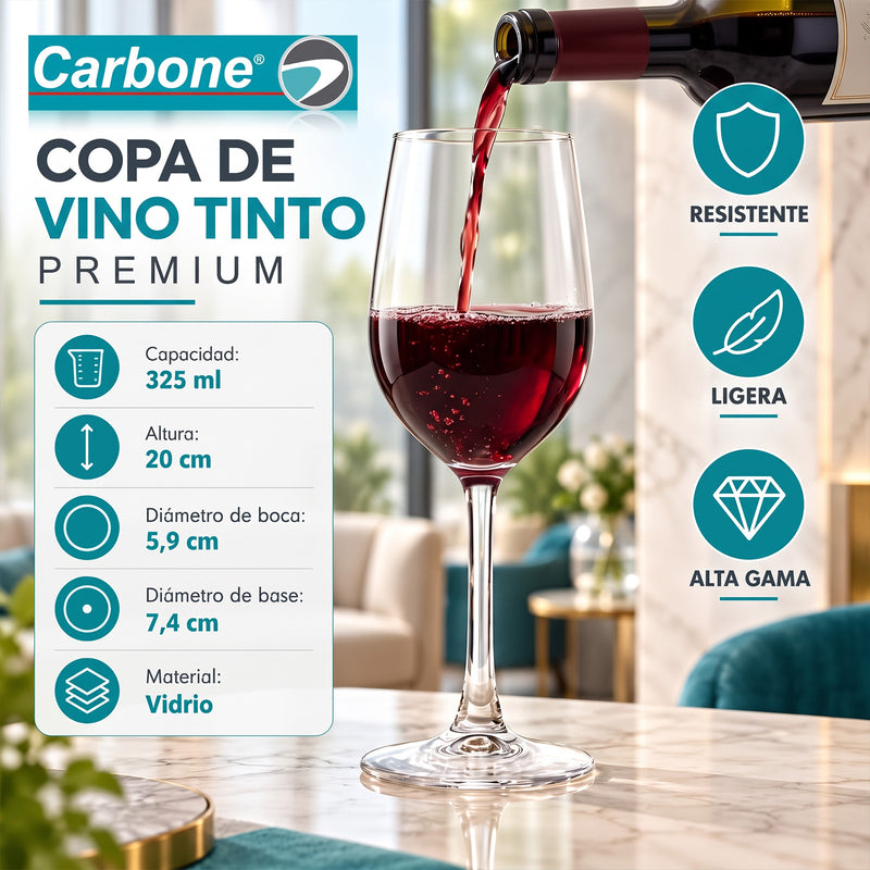 Copa para Vino Tinto de Vidrio (325ml). Diseño Elegante con Tallo.