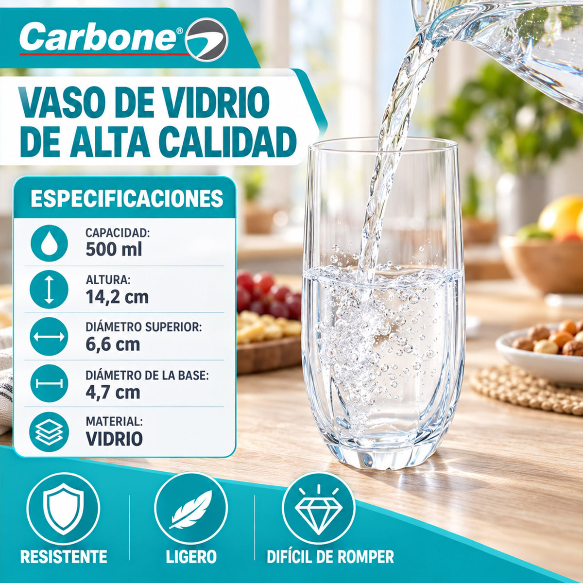 Vaso de Vidrio Transparente (500ml). Diseño Moderno y Elegante para Agua, Jugos, Cócteles y Otras Bebidas.