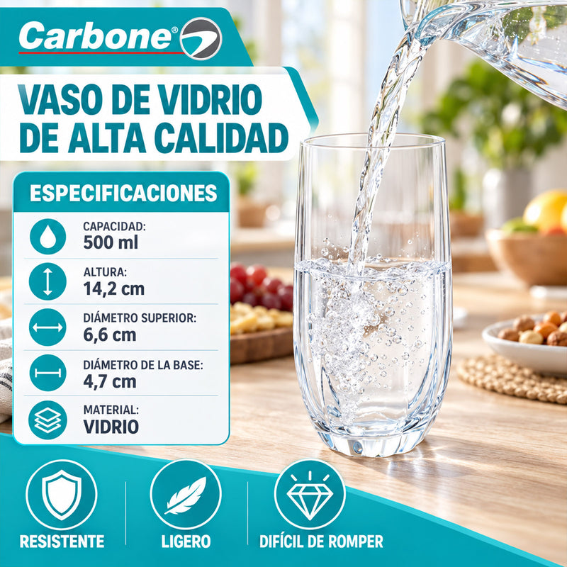 Vaso de Vidrio Transparente (500ml). Diseño Moderno y Elegante para Agua, Jugos, Cócteles y Otras Bebidas.
