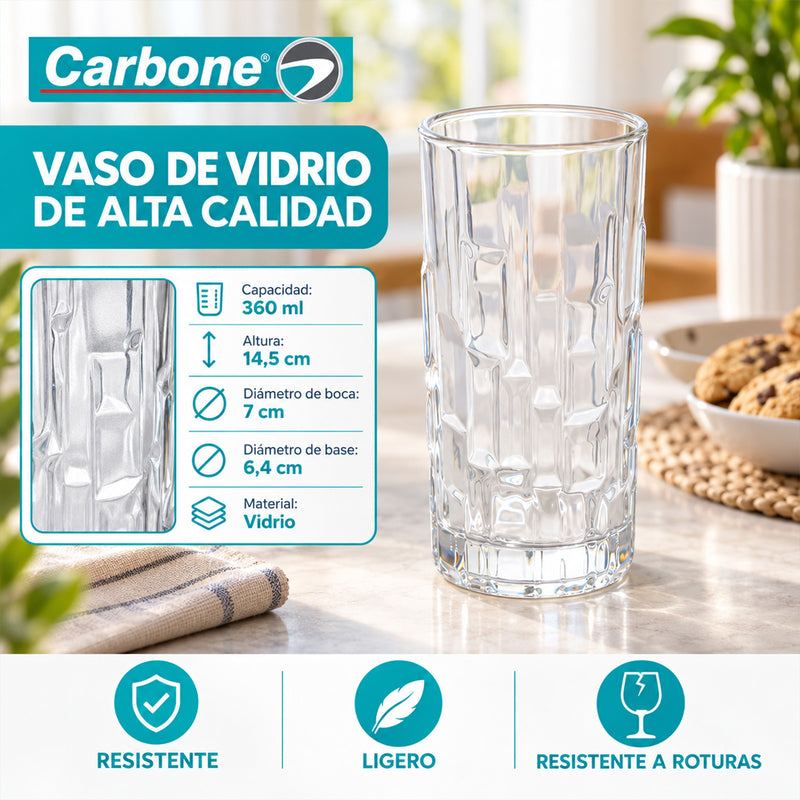 Vaso de Vidrio Transparente (360ml). Diseño Alto y Elegante para Agua, Jugos, Cócteles y Otras Bebidas.