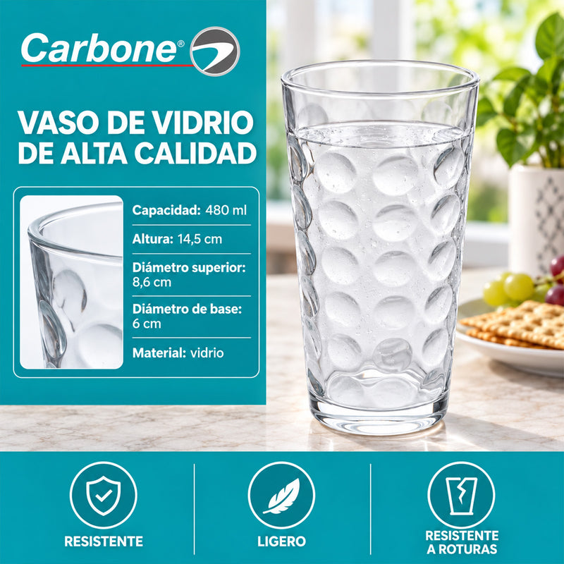 Vaso de Vidrio Transparente (480ml). Diseño Alto y Elegante para Agua, Jugos, Cócteles y Otras Bebidas.