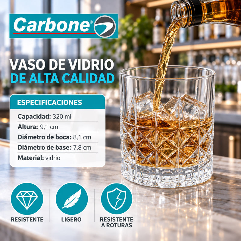 Vaso de Whisky de Vidrio (320ml). Diseño Clásico con Relieve para Whisky, Cócteles y Otras Bebidas.