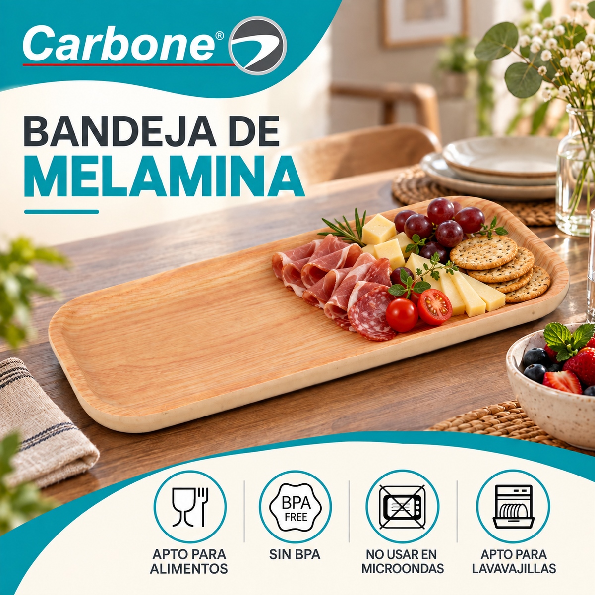 Bandeja Rectangular de Melamina de 12.8" (32.6cm). Plato Para Servir Aperitivos, Postres, Bocadillos y Acompañamientos.