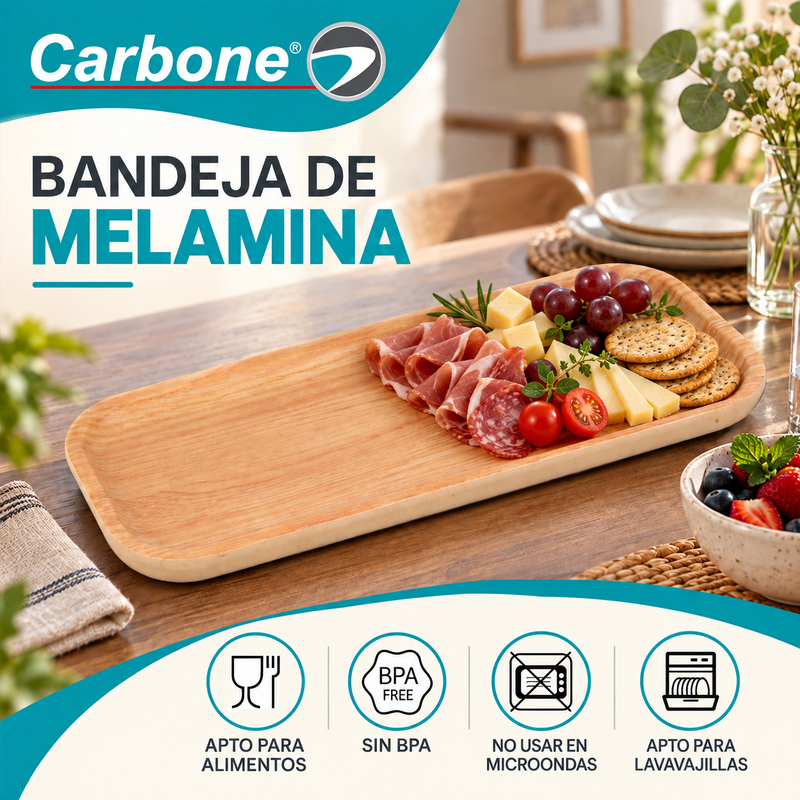 Bandeja Rectangular de Melamina de 12.8" (32.6cm). Plato Para Servir Aperitivos, Postres, Bocadillos y Acompañamientos.