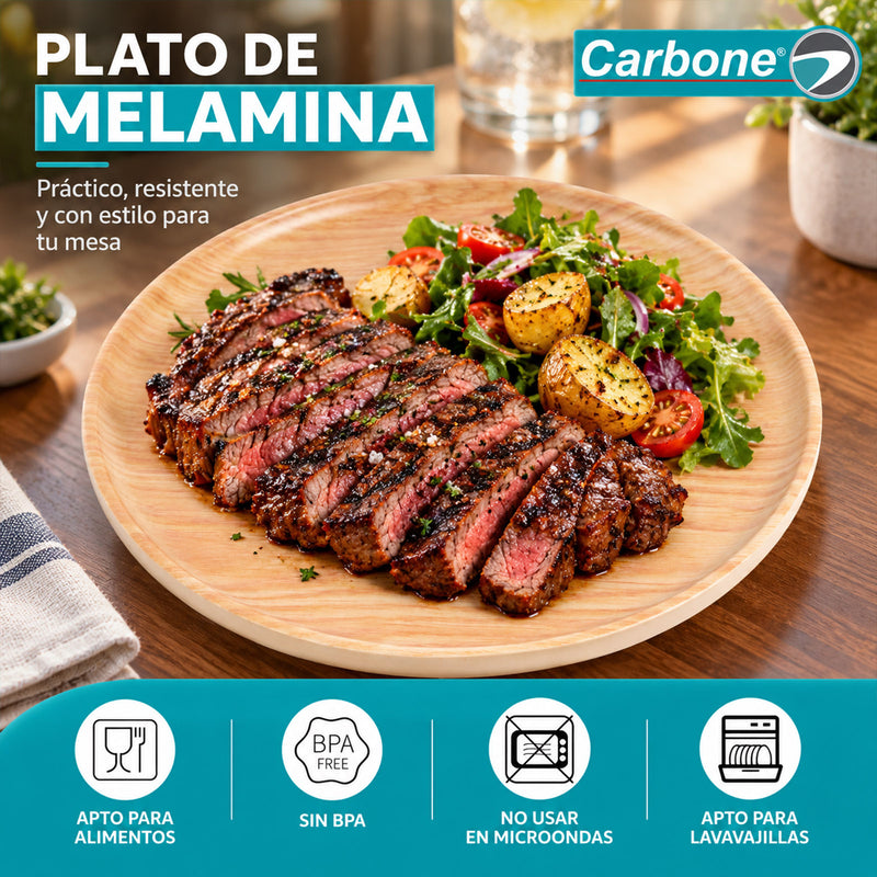 Plato de Melamina de 11" (27.8cm). Diseño Redondo para Platos Principales, Ensaladas, Pastas y Acompañamientos.