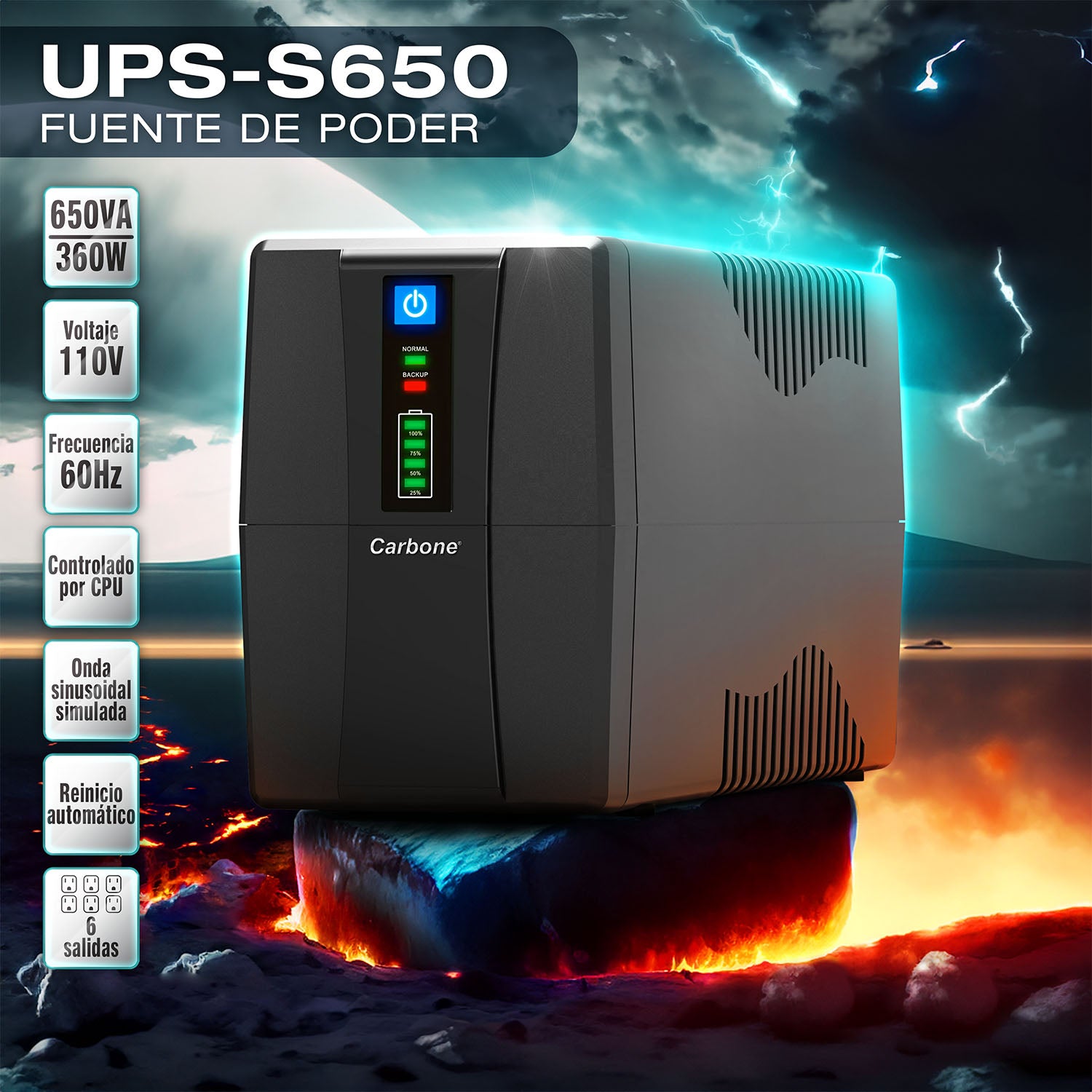 UPS Fuente de poder 650VA 360W Protector de voltaje y batería de respaldo