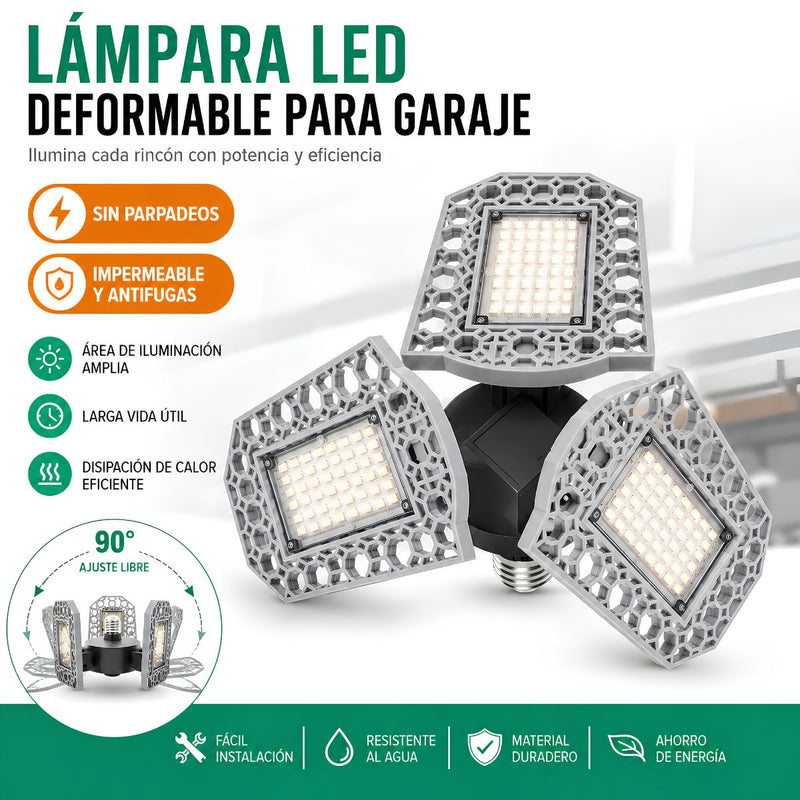 Lámpara LED Ajustable para Garaje 100W E27. Luz Cálida con Paneles Plegables 90°. Foco Bombillo para Taller, Depósito y Almacén.