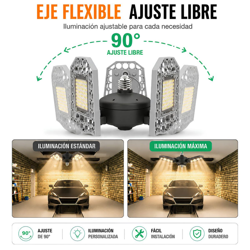 Lámpara LED Ajustable para Garaje 100W E27. Luz Cálida con Paneles Plegables 90°. Foco Bombillo para Taller, Depósito y Almacén.